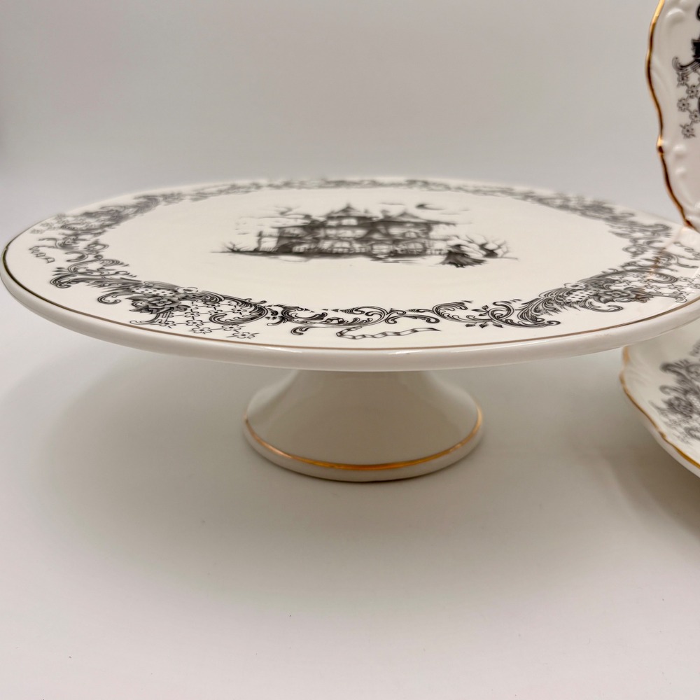 Gothic Haunted House Toile Cake Stand and Dinner Plates Set of 3 Gold Rim - Picture 2 of 7
